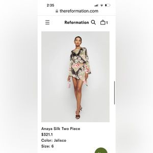 Reformation Anaya Silk Top and skirt set size 6